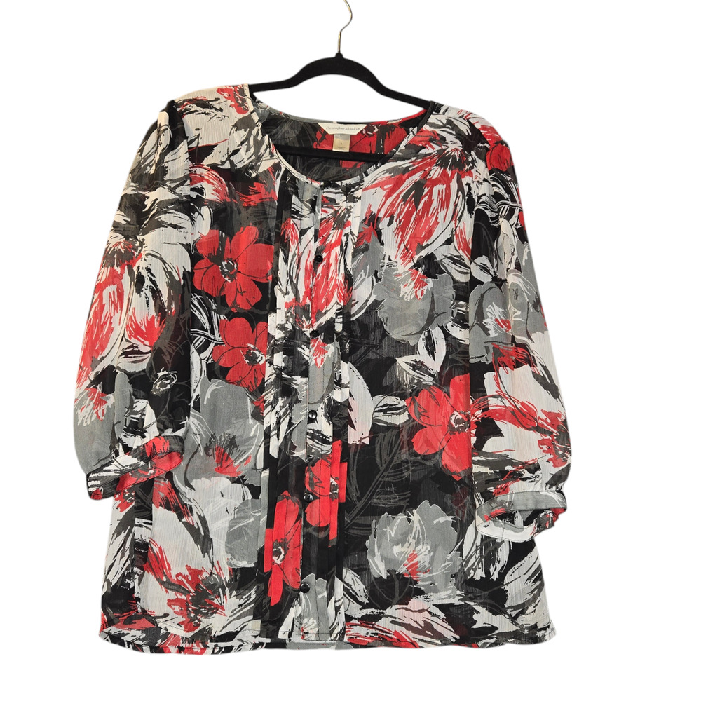 Christopher & Banks Womens Large‎ Floral Blouse Button Up Top Sheer Black Red